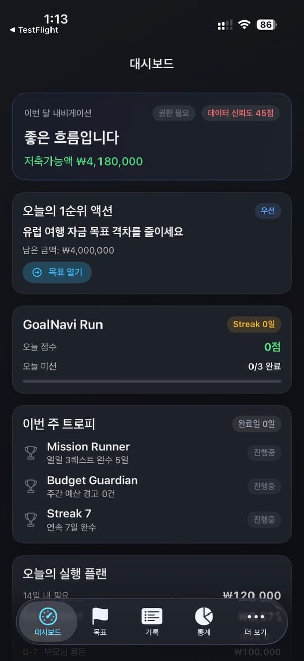 GoalNavi 대시보드 화면