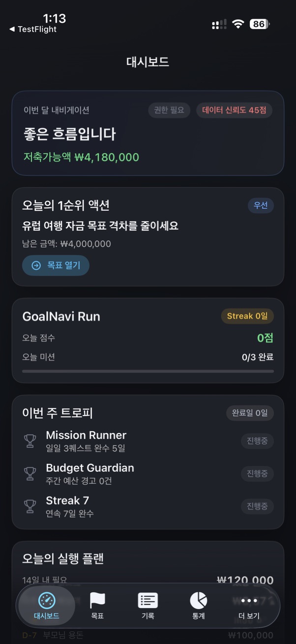 GoalNavi 대시보드 화면