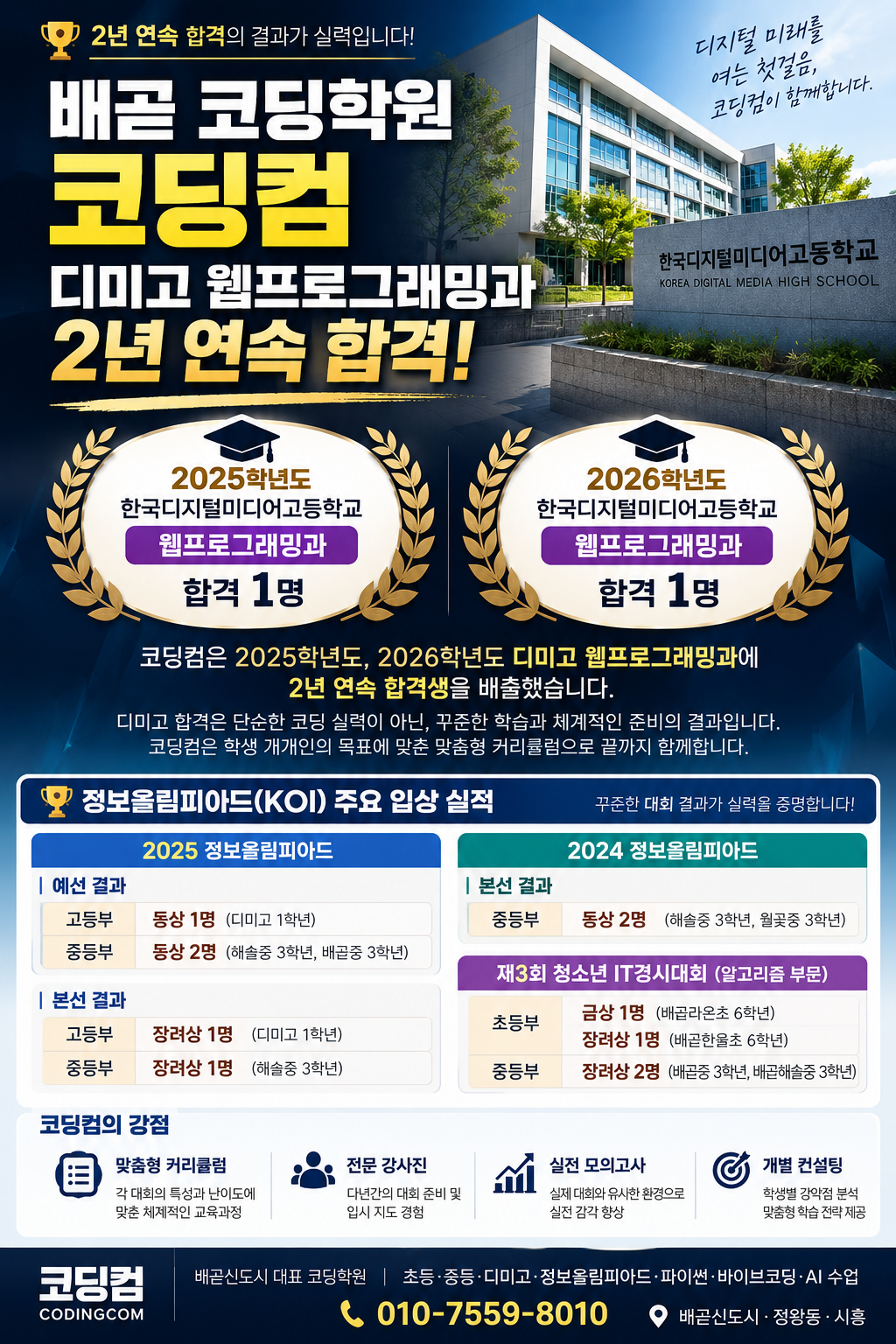 코딩컴 제공 홍보자료: 2025·2026학년도 디미고 웹프로그래밍과 각 1명 합격, 2024·2025 정보올림피아드와 제3회 청소년 IT경시대회 입상. 전체 내역은 위 본문에 제공됩니다.